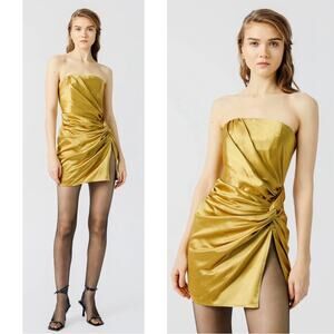 SAU LEE Hester Strapless Ruched Ecru Olive Satin Mini Dress Size 2